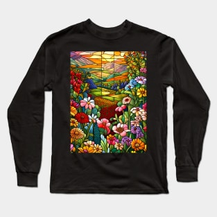 Stained Glass Colorful Mountain Meadow Long Sleeve T-Shirt